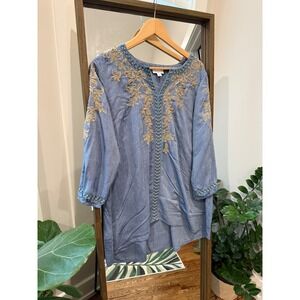 J Jill Denim Blue Embroidered Tunic Top 3/4 Sleeve V Neck Size M Mini Dress Soft